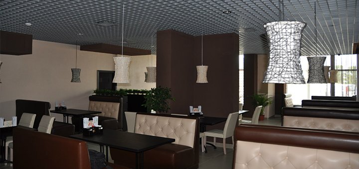 The interior of the sushi bar "Hanami". Order sushi at a discount